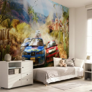 Rally car wallpaper mural with off-road rally cars racing through a desert canyon
