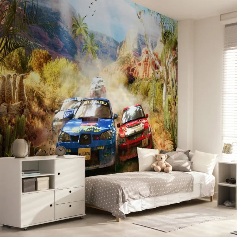 Rally car wallpaper mural with off-road rally cars racing through a desert canyon