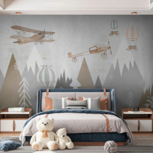 Ridge mountain and airplane wallpaper mural with alpine peaks, vintage planes and hot air balloons