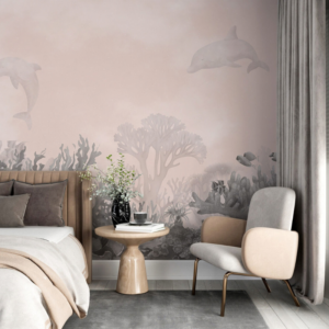 Rose Horizon blush pink dolphin wallpaper mural with dolphin silhouettes and grey coral reefs