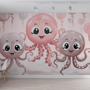 Rose Octo Party octopus wallpaper mural with smiling cartoon octopuses and balloons in dusty rose