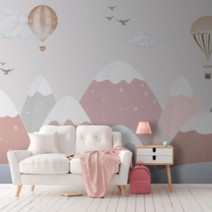 Rose Summit dusty rose mountain wallpaper mural with geometric peaks and hot air balloons