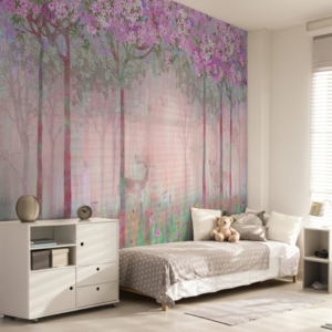 Rosewood Forest deer wallpaper mural with deer under pink blossom trees in blush tones
