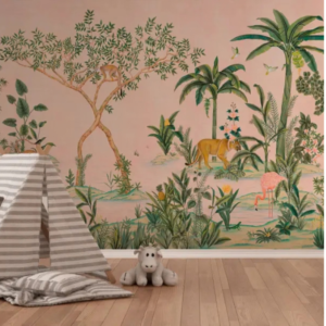 Rosewood Safari pink safari wallpaper mural with palm leaves, monkeys, flamingos and a lion