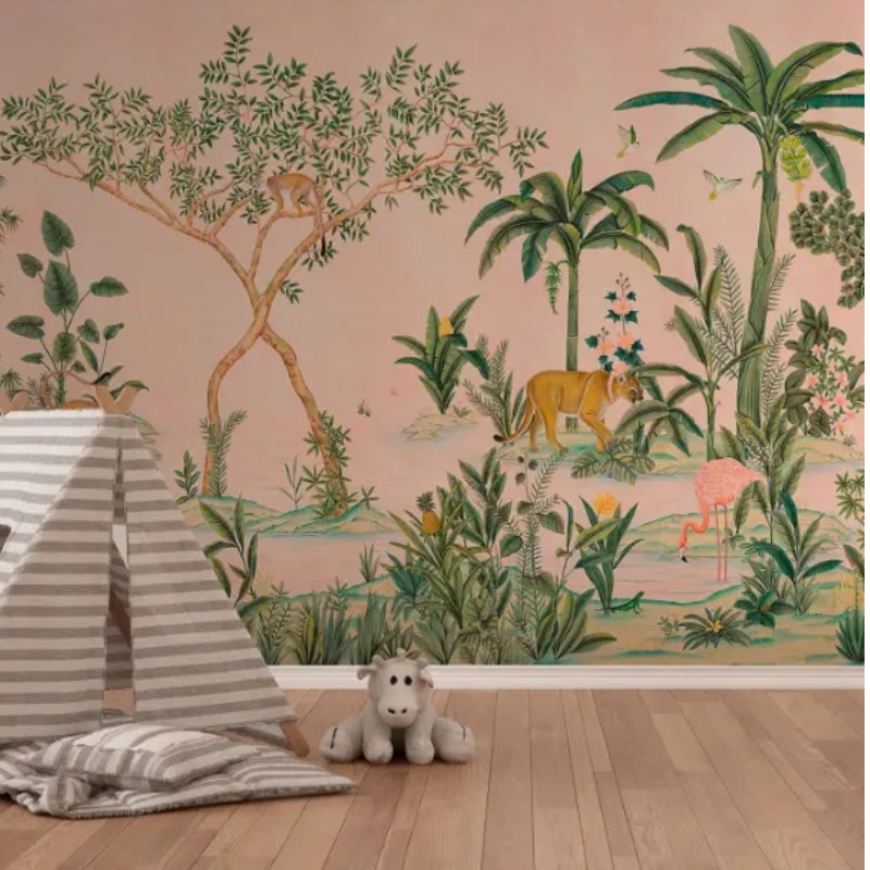 Rosewood Safari pink safari wallpaper mural with palm leaves, monkeys, flamingos and a lion