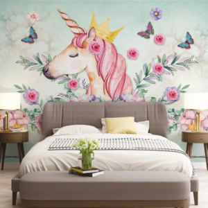 Royal unicorn wallpaper mural with a crowned unicorn, pink blossoms and green leaves on sage