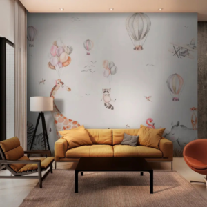 Safari airplane and balloon wallpaper mural with a giraffe and raccoons in hot air balloons on light grey