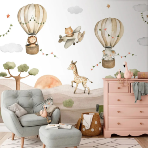 Safari Air hot air balloon wallpaper mural with lions and elephants floating over desert dunes