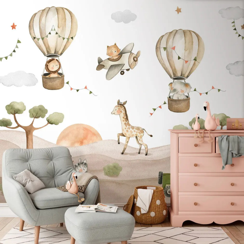Safari Air hot air balloon wallpaper mural with lions and elephants floating over desert dunes