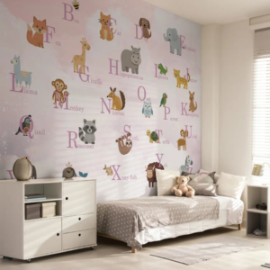 Safari Alphabet wallpaper for kids with letters A to Z paired with cute animals on soft pink