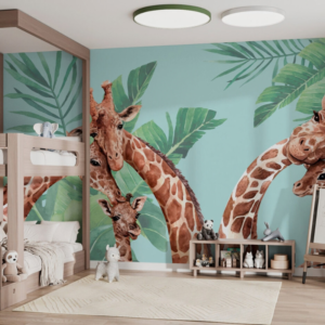 Safari Canopy giraffe jungle wallpaper with giraffes in tropical leaves on an aqua background