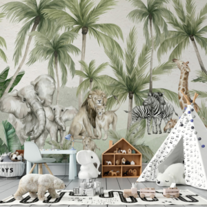 Safari Canopy tropical jungle wallpaper mural with elephants, lions and giraffes under palm trees