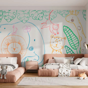 Safari Doodle animal wallpaper mural with colourful hand-drawn lion, elephant and giraffe outlines