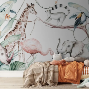Safari Friends watercolor safari wallpaper with giraffe, elephant, flamingo and rhino in jungle leaves