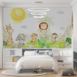 Safari Meadow jungle animal wallpaper mural with giraffe, lion cub, elephant and monkey
