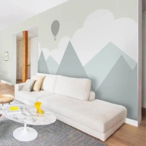 Cloud Peak grey geometric mountain wallpaper mural with grey peaks under soft clouds