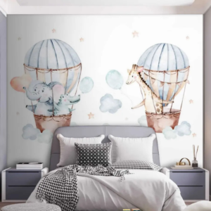 Cloud Safari wallpaper mural with safari animals in watercolor hot air balloons