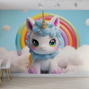 Cloudberry baby unicorn wallpaper mural with a 3D cartoon unicorn, rainbow and clouds