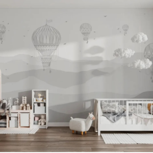 Cloudfall wallpaper mural with vintage hot air balloons over layered mountain ridges