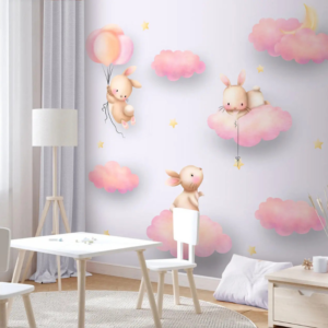 Cloudlet wallpaper mural with bunnies on balloons and pink clouds under a crescent moon