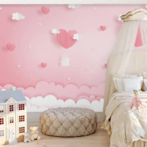 Cloudscape wallpaper mural with heart balloons and layered paper clouds