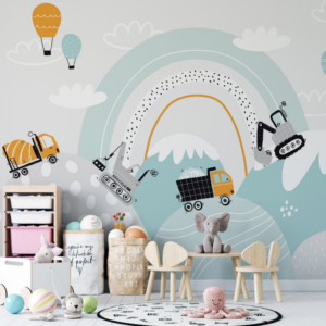 Constructo Realm construction truck wallpaper mural with trucks, excavators and rainbows
