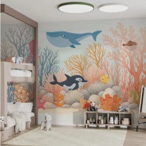 Coral Cove coral reef wallpaper mural with whales, sea turtles and octopuses