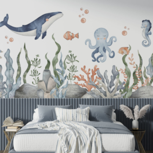 Coral Reef watercolor sea animals wallpaper mural with a whale, octopus and seahorse
