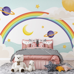Cosmic Arc rainbow space wallpaper mural with a rainbow, ringed planets and a sun