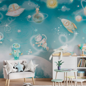 Cosmic Aviators wallpaper mural with animal astronauts, planets and rockets in turquoise space