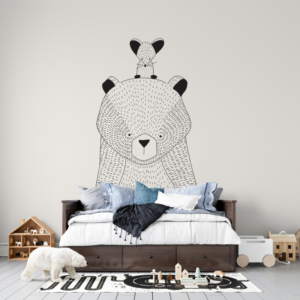 Nordic Bear line art bear wallpaper mural with a bear and a tiny mouse on its head