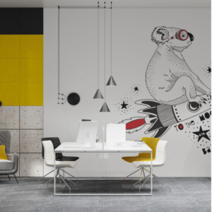Cosmic Quest wallpaper mural with a koala riding a rocket through a starry sky