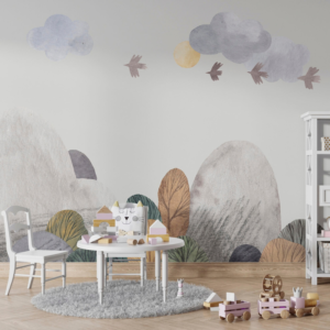 Nordic Flight watercolor mountain wallpaper mural with soft mountains, trees and flying birds