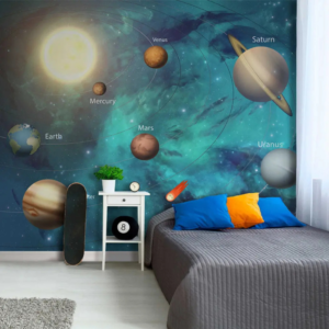 Cosmos solar system wallpaper mural with labelled planets around the sun on a teal nebula