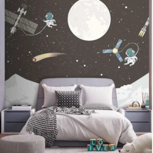 Cosmos moon astronaut wallpaper mural with a large moon, astronauts and satellites on dark grey