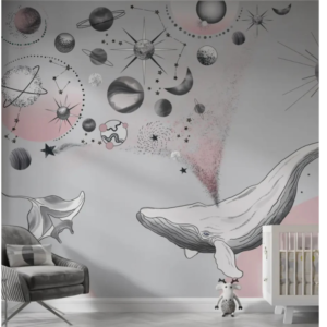 Cosmos cosmic whale wallpaper mural with a whale breathing stars and planets into the sky