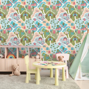 Country Road #2 countryside map wallpaper with houses, trees and roads in a playroom