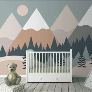 Nordic Range peach mountain wallpaper mural with snow-capped peaks, pines and a rising sun