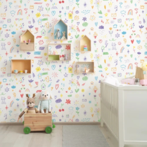 Crayon doodle kids wallpaper with colourful hearts, flowers and stars on white