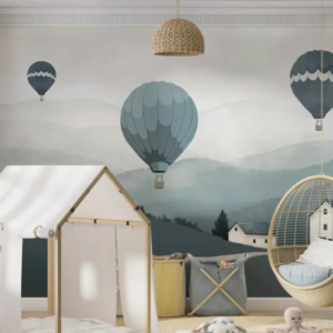Nordic Ridge pine forest wallpaper mural with hot air balloons over pines and misty mountains