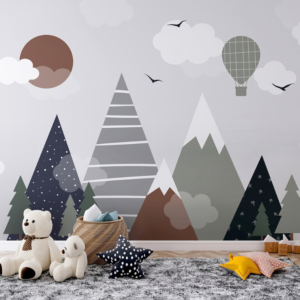 Nordic Summit mountain wallpaper mural with stylised peaks, balloons and pine trees