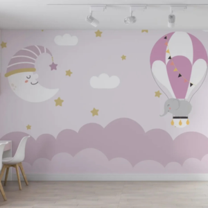 Crescent Cloud wallpaper mural with a sleeping moon and elephant airship among clouds