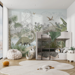 Cretaceous Valley wallpaper mural with sauropods, pterodactyls and palms near a volcano
