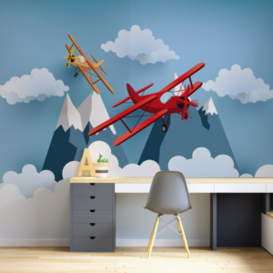 Crimson Aviator red biplane wallpaper mural with a red plane over snowy geometric mountains