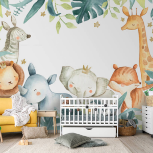 Crowned Safari wallpaper mural with crowned baby lion, elephant, zebra and giraffe under palms