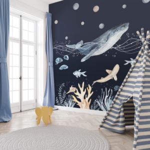 Deep Abyss humpback whale wallpaper mural with a whale, corals and bubbles on dark navy