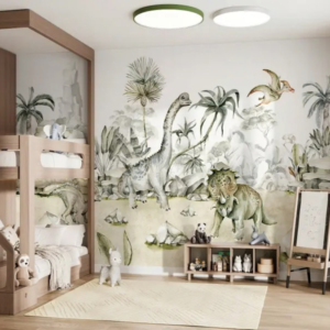 Safari Oasis Jurassic dinosaur wallpaper mural with dinosaurs among tropical foliage