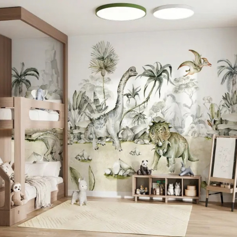 Safari Oasis Jurassic dinosaur wallpaper mural with dinosaurs among tropical foliage