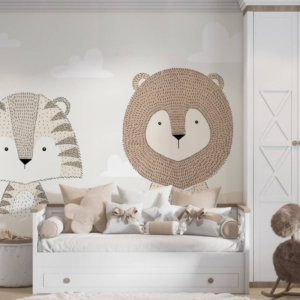 Safari Solace lion and tiger wallpaper mural with large illustrated portraits in earthy tones