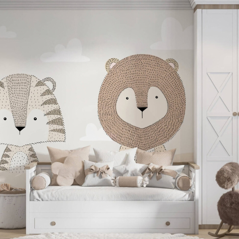 Safari Solace lion and tiger wallpaper mural with large illustrated portraits in earthy tones